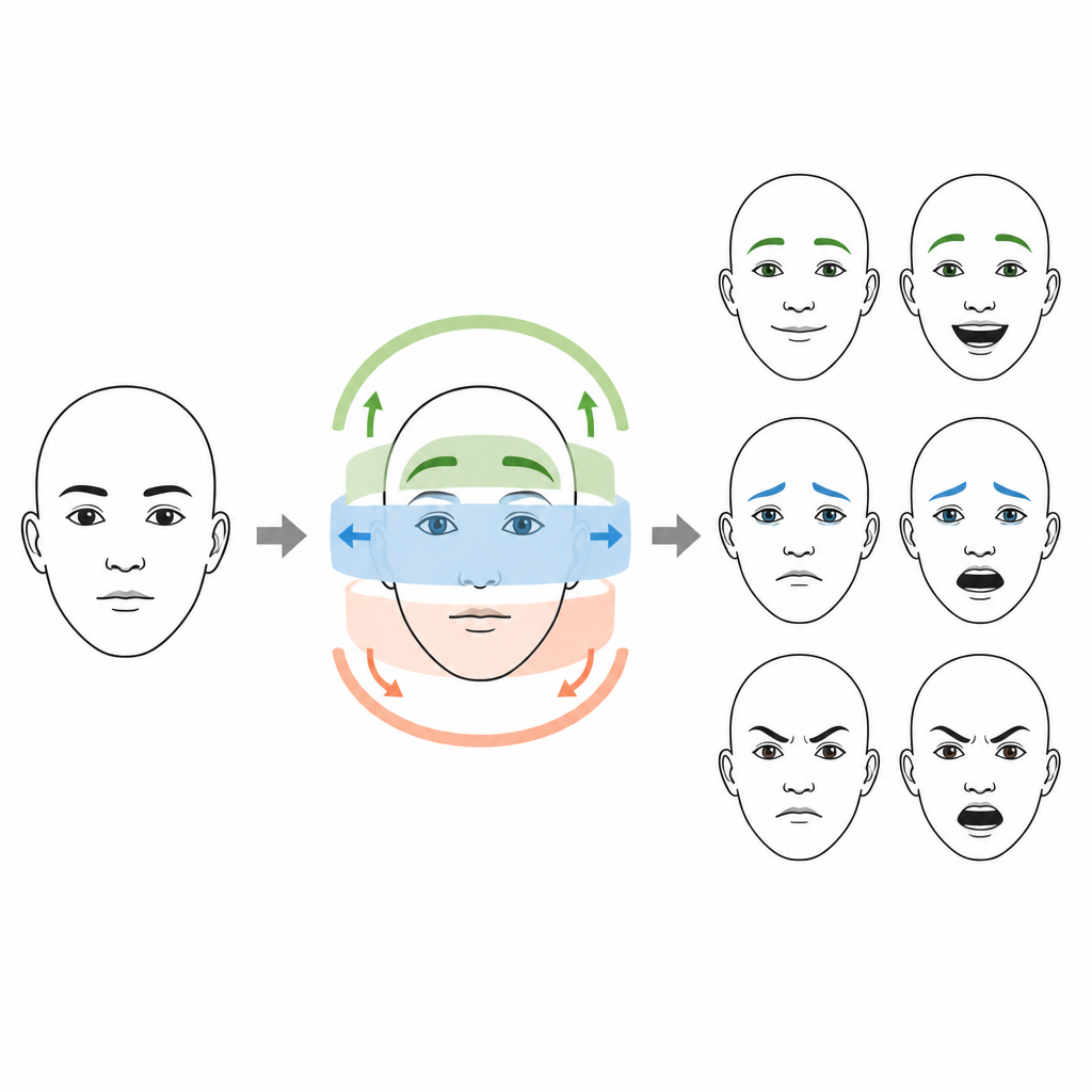 Figure 1. كيف تندمج بضع أنماط أساسية لحركة الوجه للتعبير عن مشاعر مختلفة في الوجوه الصامتة وأثناء التكلّم.