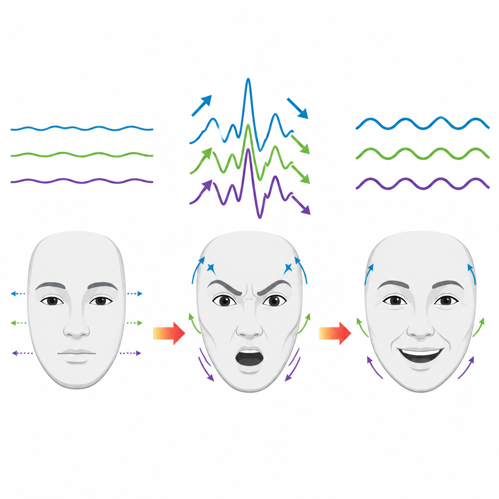 Figure 2. كيف تتكامل مراحل الحركة الوجهيّة المريحة والمتحوّلة والممسوكة لتشكيل تعبيرات عاطفية مميزة عبر الزمن.