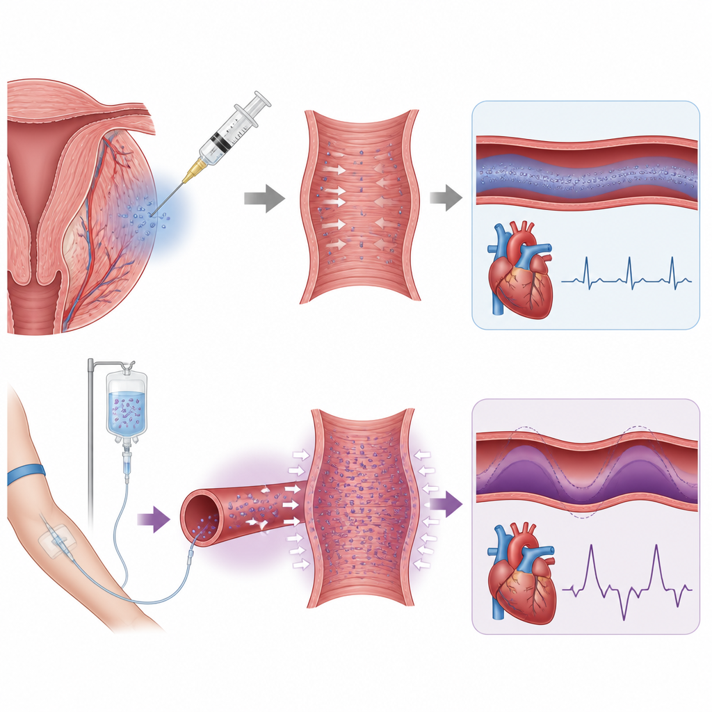 Figure 2. كيف أن إعطاء الأوكسيتوسين داخل عضلة الرحم مقابل العضل الوريدي يؤديان إلى نزف مشابه لكن ضغط دم أكثر استقرارًا مع الحقن الموضعي.