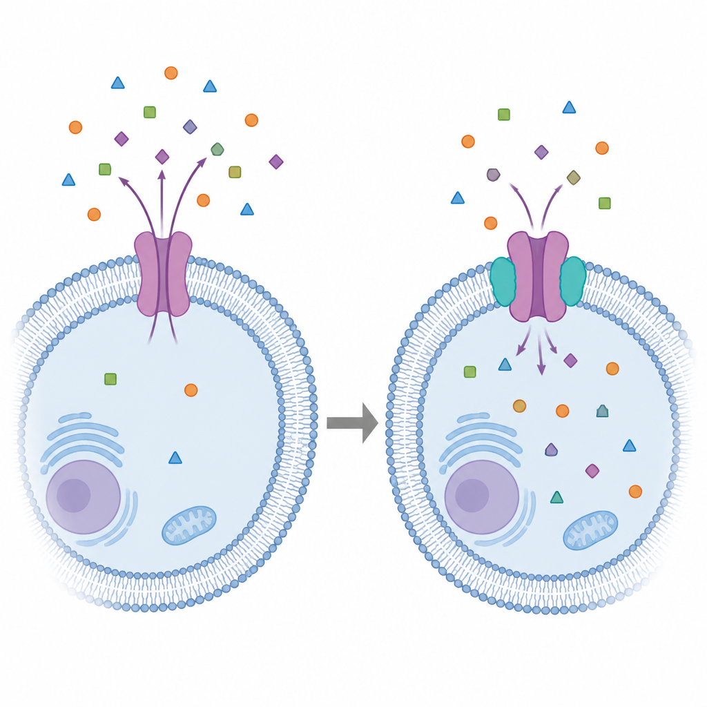 Figure 1. Wie eine flexible Membranpumpe viele Medikamente blockieren kann und wie maßgeschneiderte Moleküle diese Pumpe verlangsamen können.