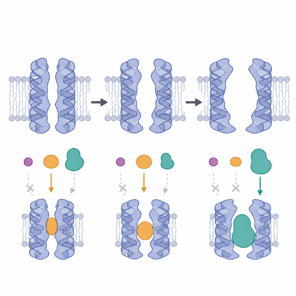 Figure 2. Wie unterschiedliche Formen einer Membranpumpe die Bindung kleiner oder sperriger Inhibitormoleküle in ihrer inneren Höhlung begünstigen.