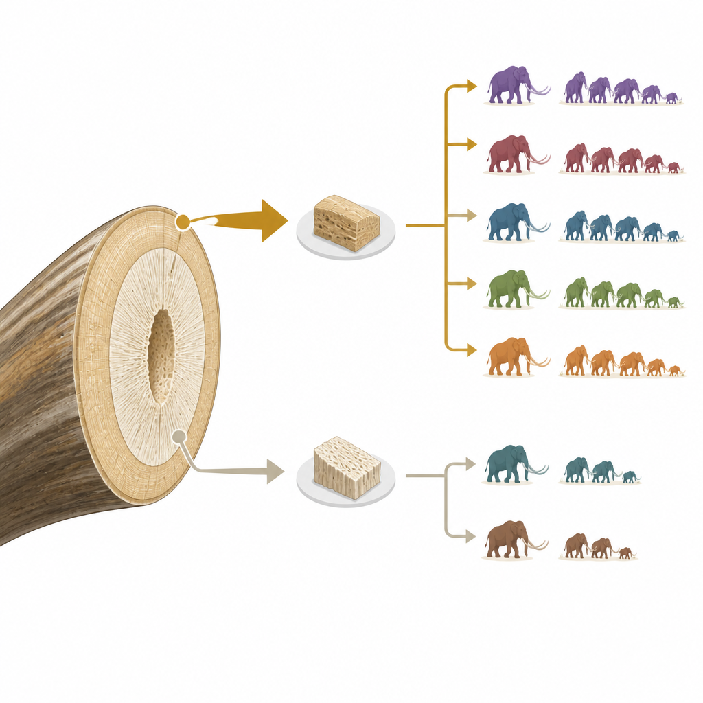 Figure 2. Zoom into a mammoth tusk to show the outer layer yields richer DNA, revealing diverse herds and many female animals.