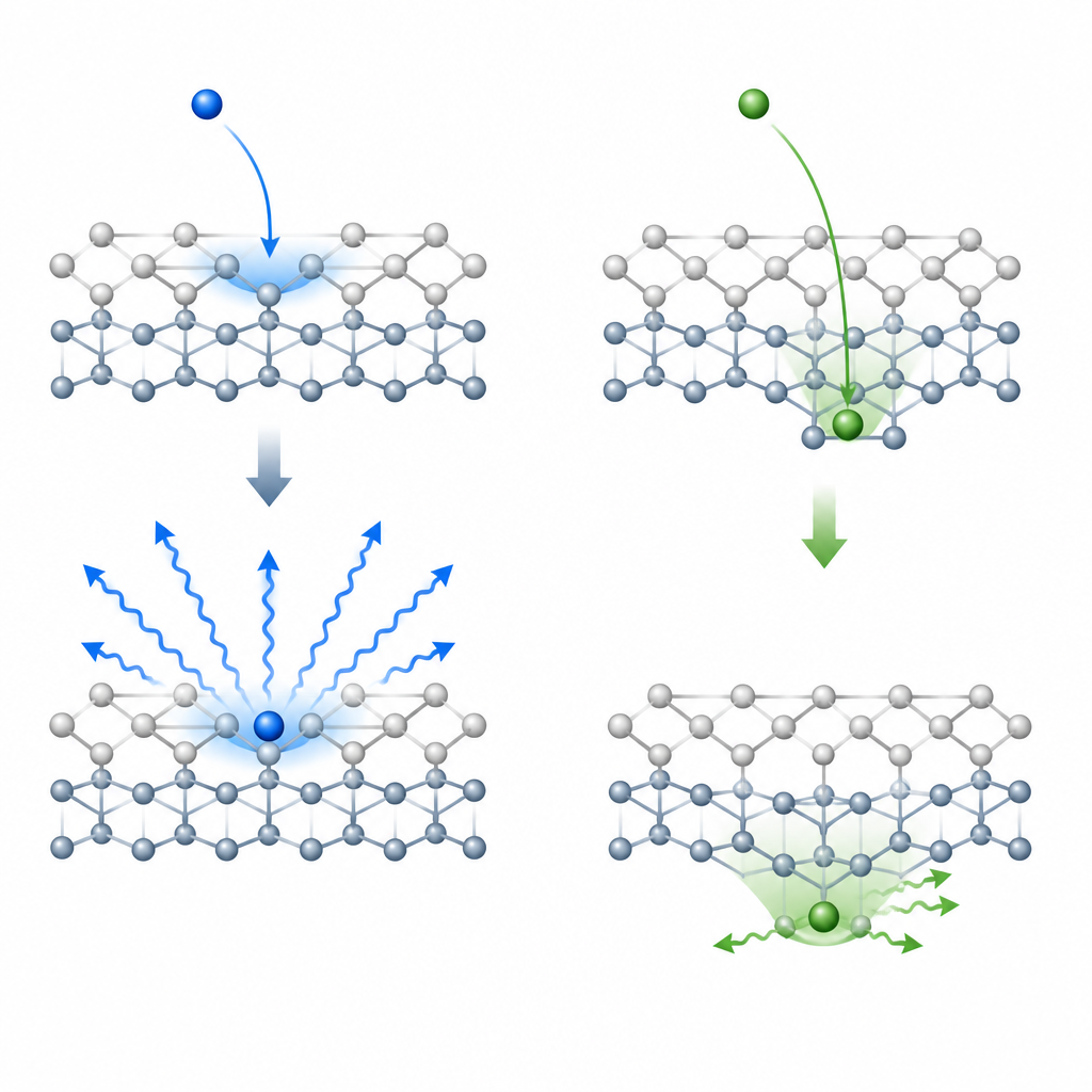 Figure 2. Wie Elektronen in Zink-Defektstellen innerhalb eines Kristalls fallen, um blaues und grünes Licht zu emittieren, während ein Teil der Energie verloren geht.