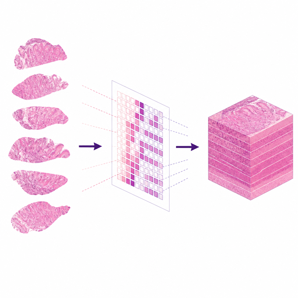 Figure 1. Transformar lâminas de tecido 2D dispersas em uma única visão 3D clara do órgão original usando análise de imagem inteligente.
