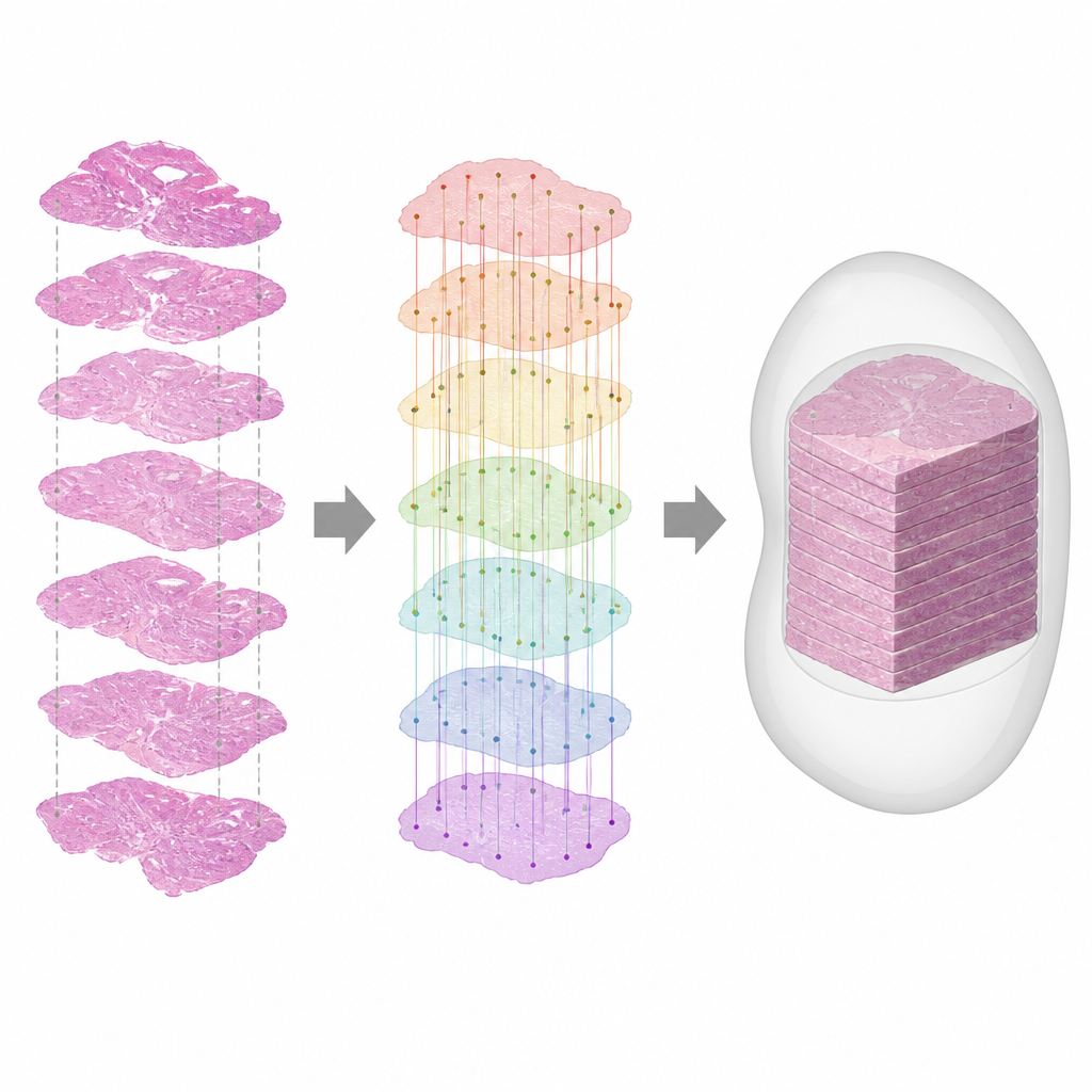 Figure 2. Como visão computacional alinha fatias de tecido mal orientadas passo a passo para formar um modelo 3D preciso da doença.