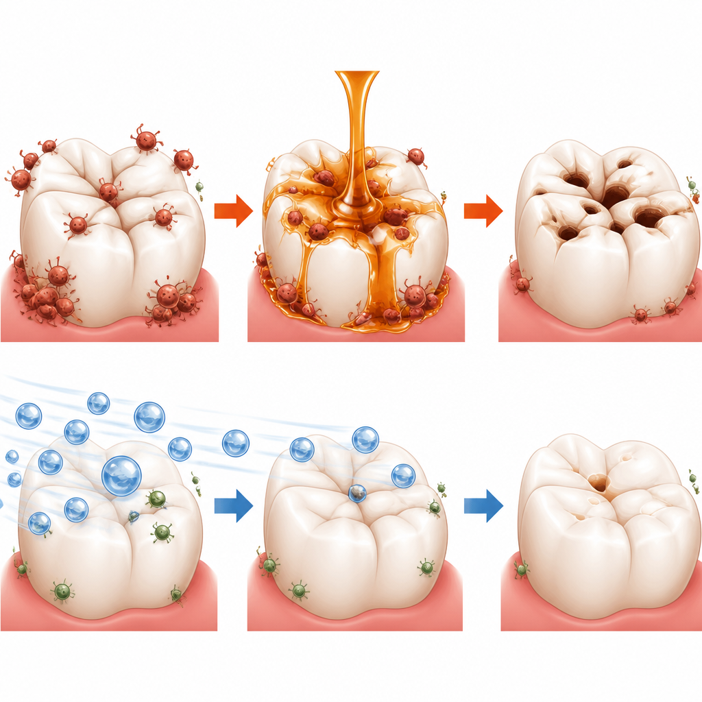 Figure 2. Yumuşak jel taneciklerindeki şekerin diş ve bakteri ile temasını nasıl değiştirerek sıçan azı dişlerinde daha az çürüğe yol açtığı.