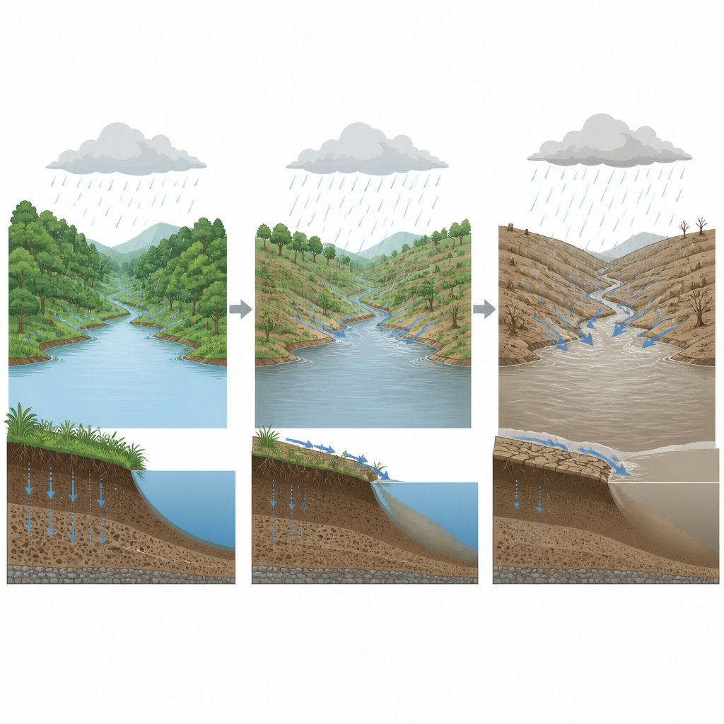 Figure 2. Come i cambiamenti nella copertura forestale e nei suoli hanno trasformato piogge intense in potenti alluvioni che alimentavano un lago di montagna