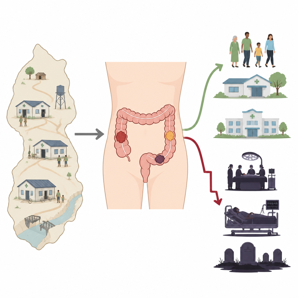 Figure 1. Wie spät erkannter Darmkrebs in einer ressourcenarmen Region vom Krankheitsbeginn über die Operation zu sehr unterschiedlichen Patientenergebnissen führt.