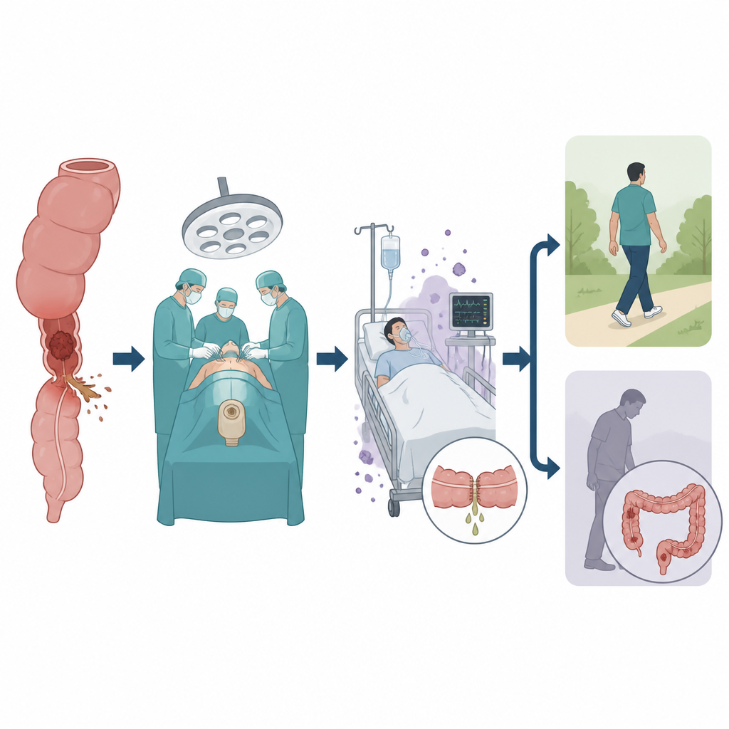 Figure 2. Schrittweiser Verlauf von Darmverschluss und Notfalloperation über Komplikationen bis hin zu Genesung oder Tumorrückkehr.