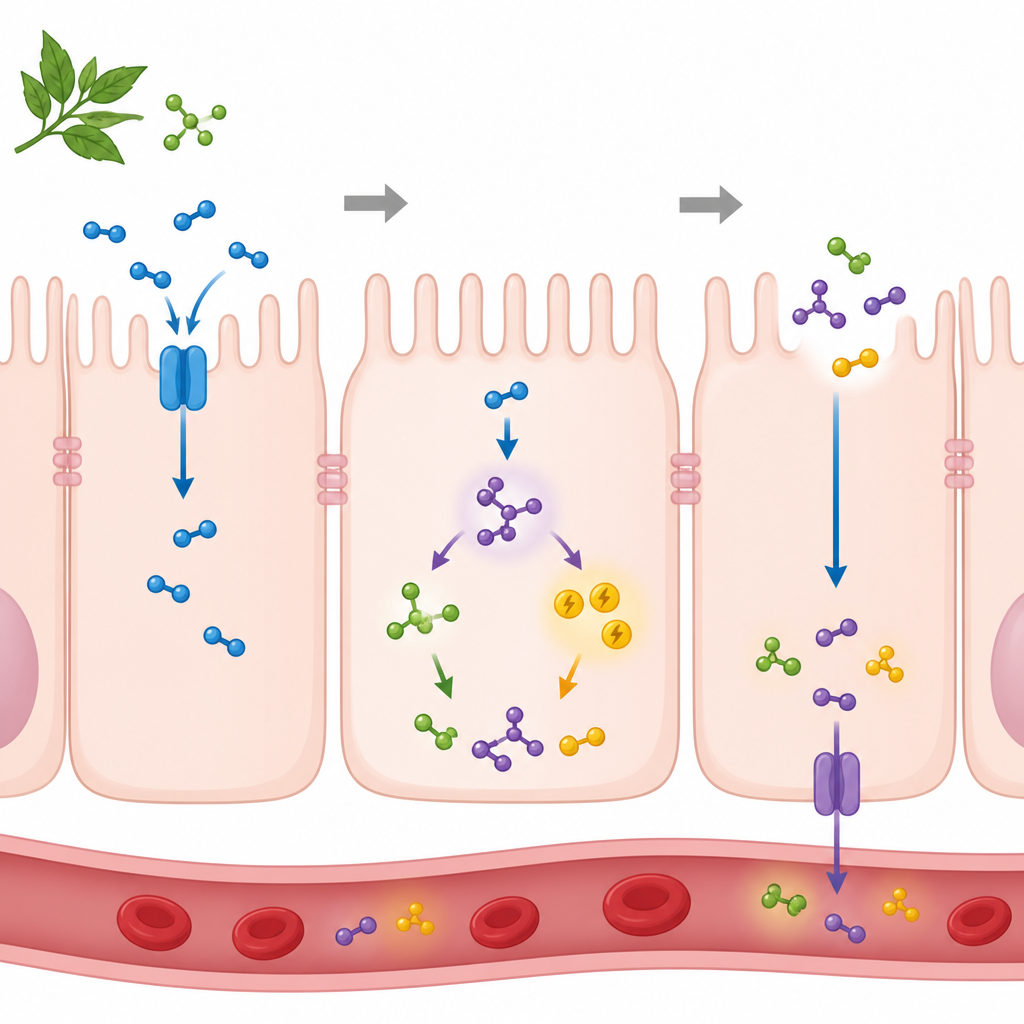 Figure 2. All'interno di una cellula intestinale mentre il combustibile prodotto dai microbi viene assorbito, trasformato in trasportatori energetici e rilasciato verso il flusso sanguigno.
