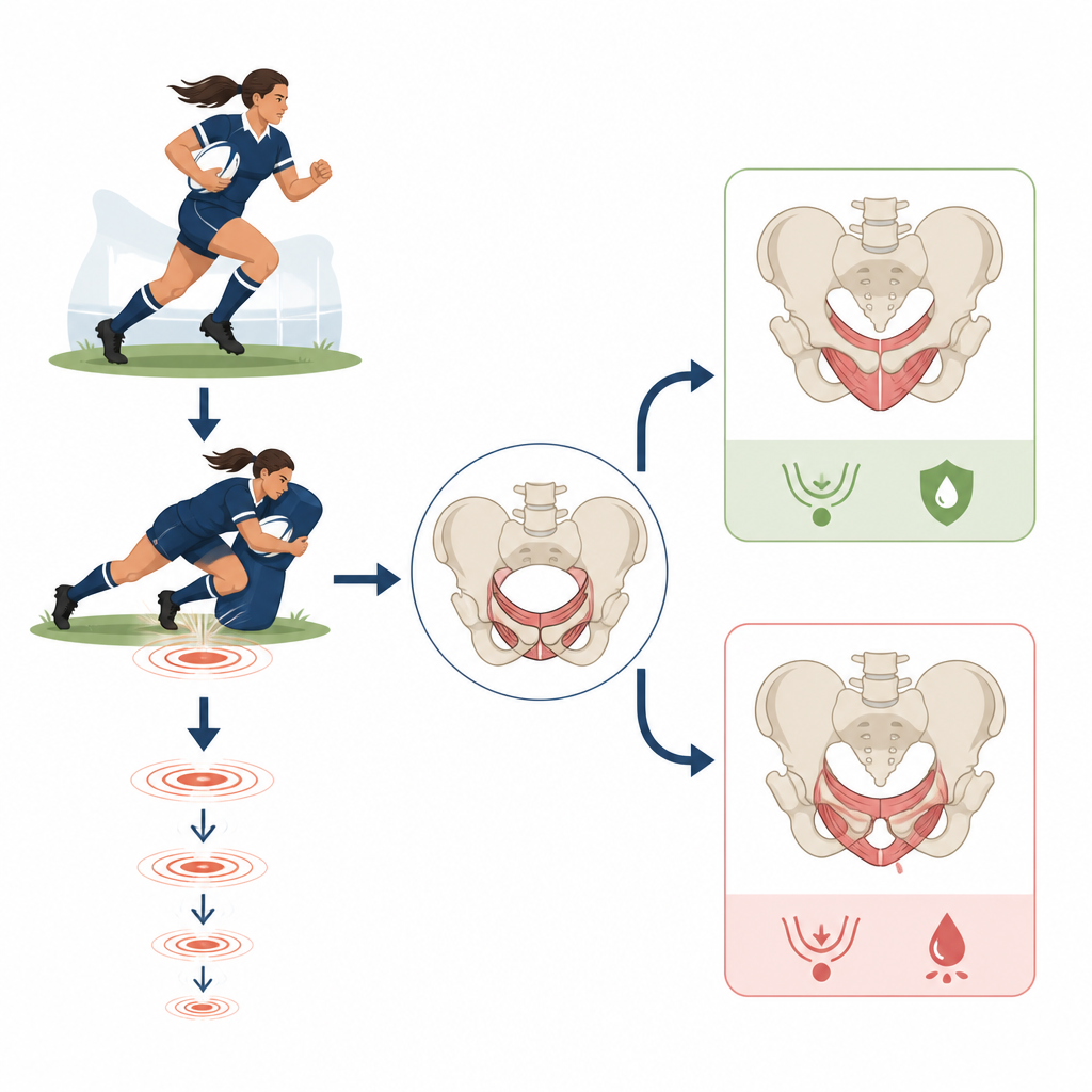Figure 1. Cómo los impactos repetidos en el rugby pueden alterar el soporte pélvico y conducir a pérdidas de orina en jugadoras.