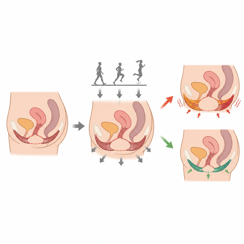 Figure 2. Cómo una apertura pélvica más amplia obliga a los músculos pélvicos a trabajar más bajo carga y puede aumentar la fatiga y el riesgo de pérdidas.