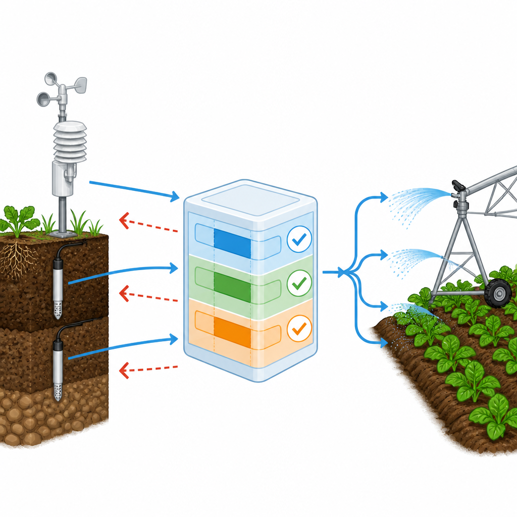 Figure 2. Sensörler, kontrolörün hassas bitki sulaması için sprinkler akışını ayarlamasını sağlayan kontrol edilmiş iklim ve toprak verilerini besler.