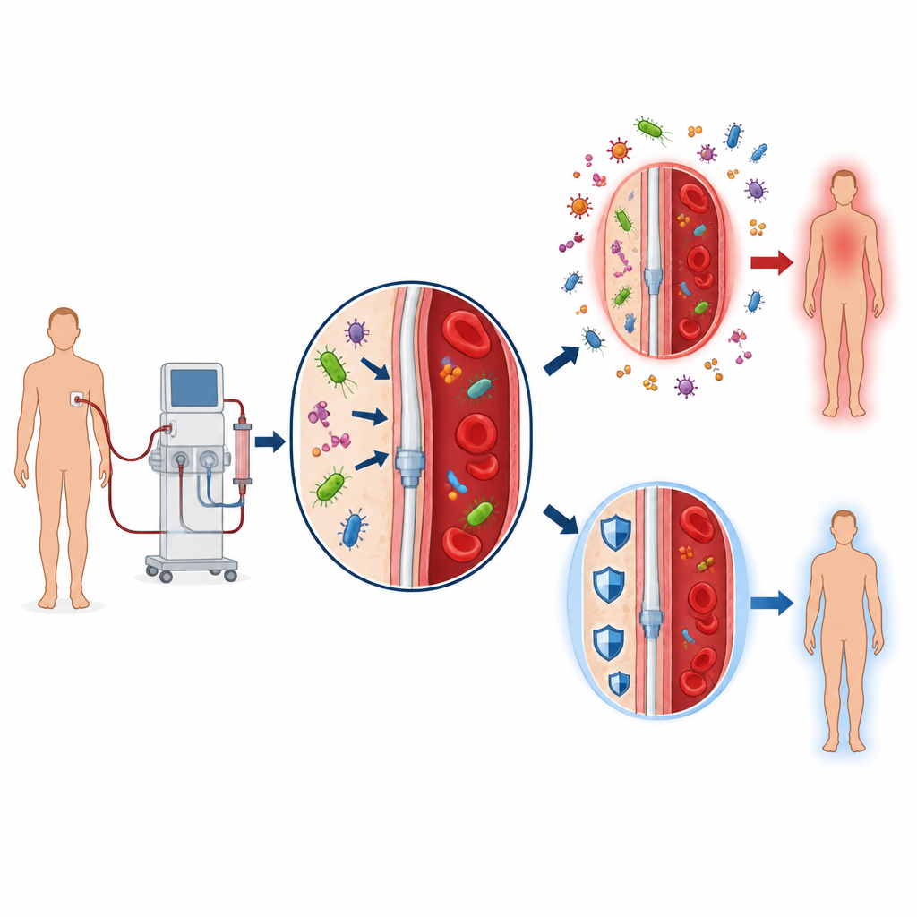 Figure 1. Come un catetere per dialisi può permettere ai germi di entrare nel flusso sanguigno e causare un’infezione o essere protetto da una buona assistenza.