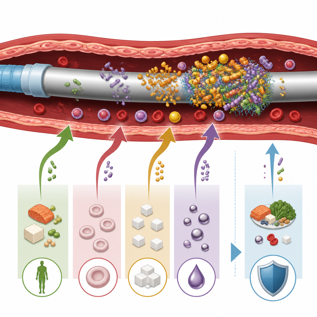 Figure 2. Come diabete, malnutrizione, anemia e eccesso di ferro insieme aumentano la probabilità che i germi su un catetere provochino un’infezione.