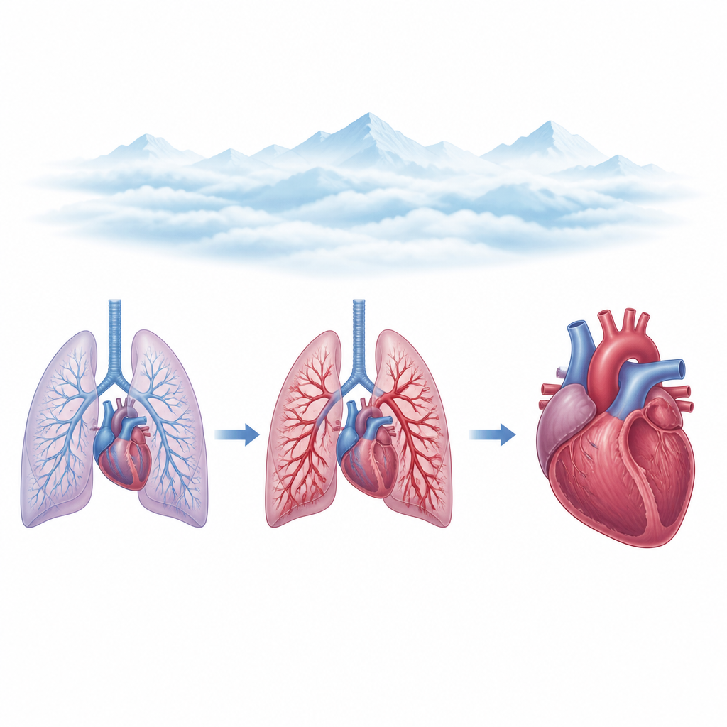Figure 1. Düşük oksijenin akciğer damarlarını nasıl kalınlaştırdığı ve hipoksik pulmoner hipertansiyon sırasında kalbi nasıl zorladığı.