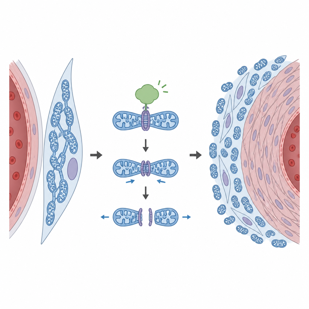 Figure 2. Damar düz kas hücrelerinde protein kaynaklı mitokondriyal bölünmenin hücre çoğalmasını nasıl hızlandırdığı ve akciğer arterlerini nasıl daralttığı.
