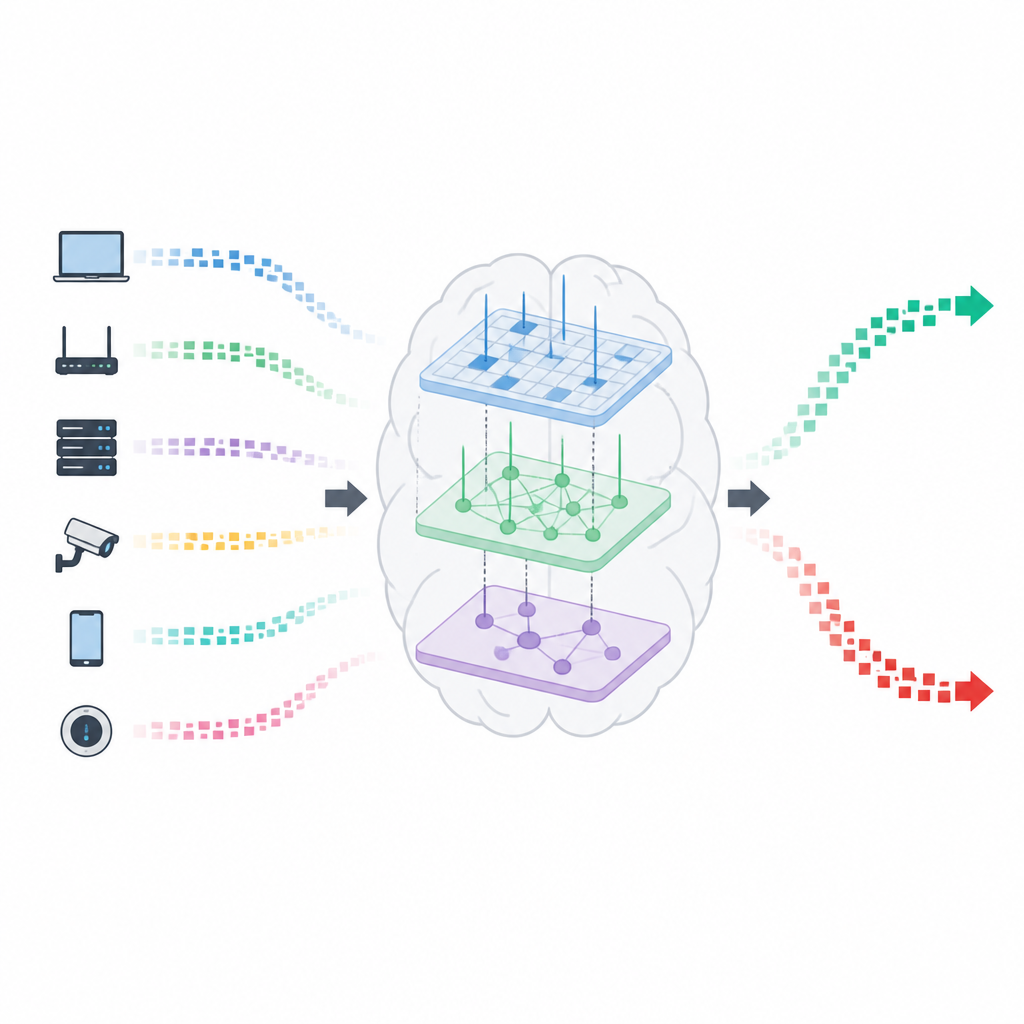 Figure 1. Gehirn-inspiriertes spikendes System schützt Live-Netzwerkdatenströme und trennt normalen Verkehr von verborgenen Cyber-Bedrohungen.