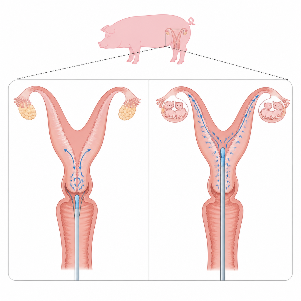 Figure 2. Sığ ve derin tohumlama yollarının karşılaştırılması, spermlerin derin teslimatta daha çok uterus bölgesine ulaştığını ve daha fazla yavru oluşturduğunu gösterir.