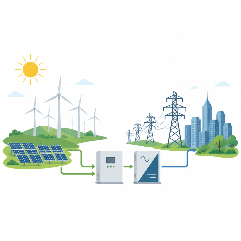 Figure 1. Wie Sonne, Wind und Batterien kombiniert werden, damit Haushalte aus wechselnden Wetterquellen gleichmäßige saubere Energie erhalten.