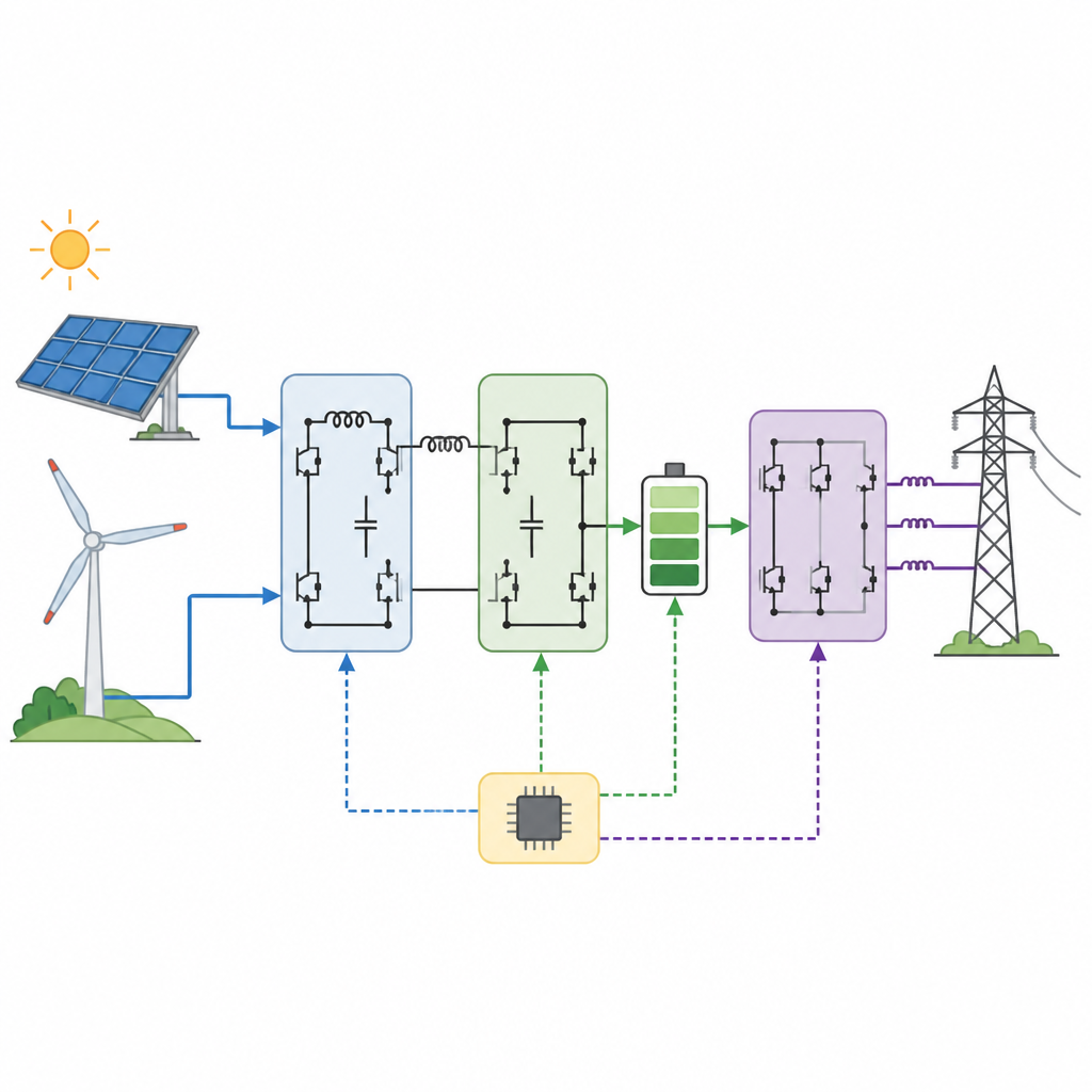 Figure 2. Wie intelligente Schaltungen und Regelungen schwankende Solar- und Windenergie glätten, bevor sie ins Netz und in die Batterie fließt.