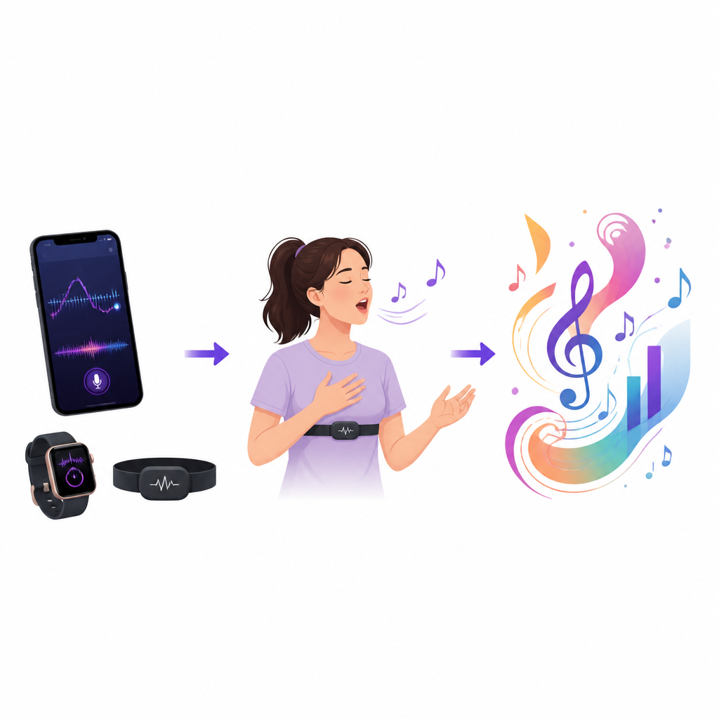 Figure 1. Wie eine Gesangs-App und Wearables zusammenwirken, um das musikalische Gehör der Studierenden im Gesangsunterricht zu stärken.