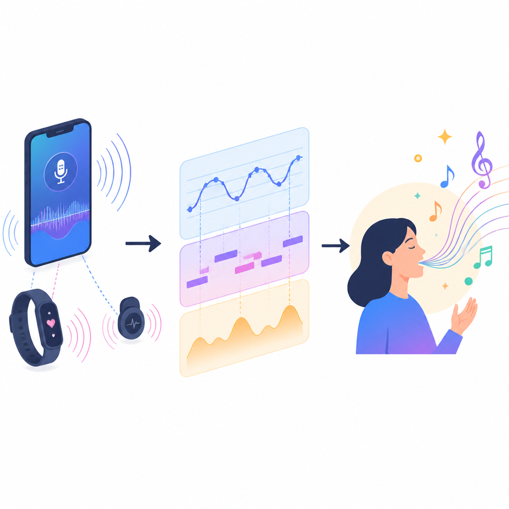 Figure 2. Schritt-für-Schritt-Darstellung, wie Sensoren und eine App das Singen erfassen und mit Veränderungen in der musikalischen Genauigkeit in Beziehung gesetzt werden.