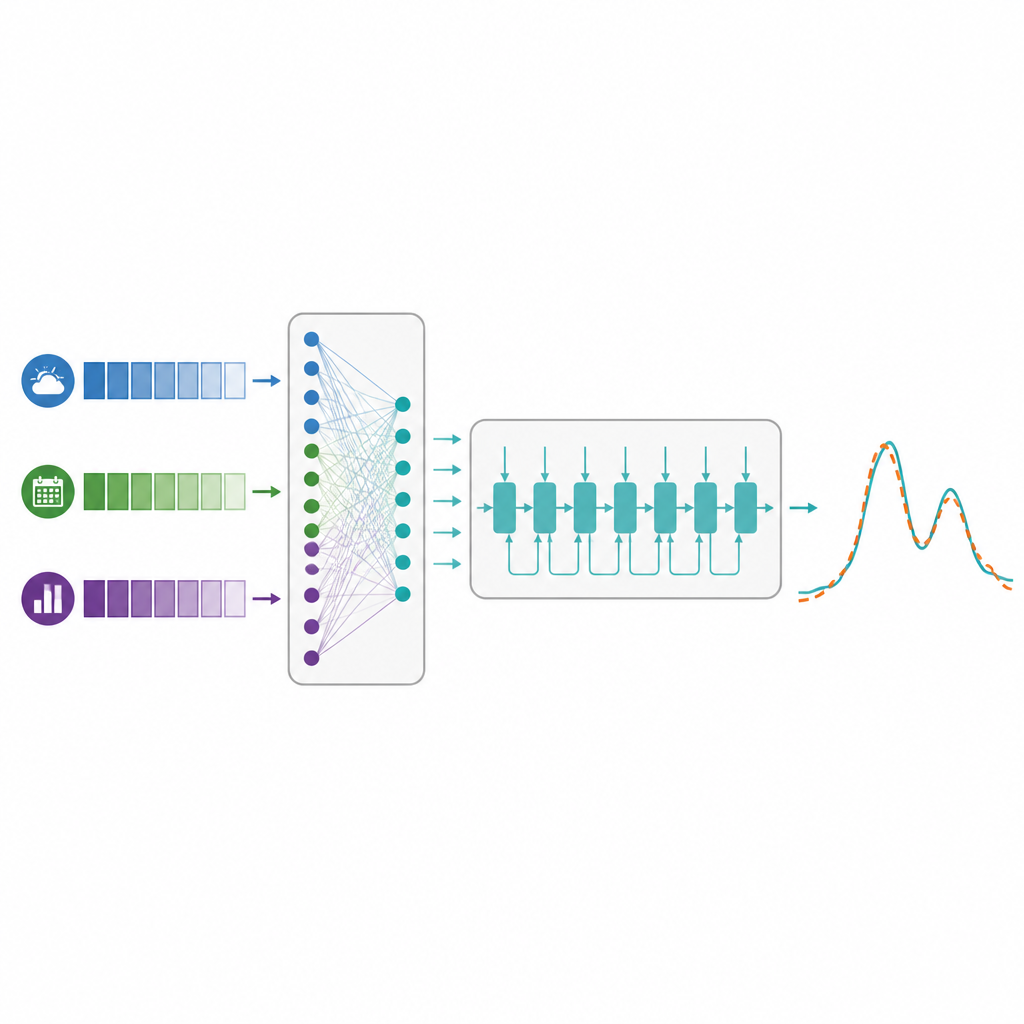 Figure 2. İki aşamalı bir yapay zekanın önce giriş sinyallerini nasıl ilişkilendirdiği, sonra talebi zaman içinde izleyerek gerçek elektrik kullanımına nasıl yaklaştığı.
