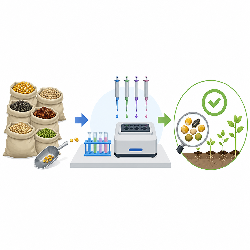 Figure 2. Test passo dopo passo di campioni di semi in laboratorio per confermare se sono presenti o assenti segnali comuni di organismi geneticamente modificati
