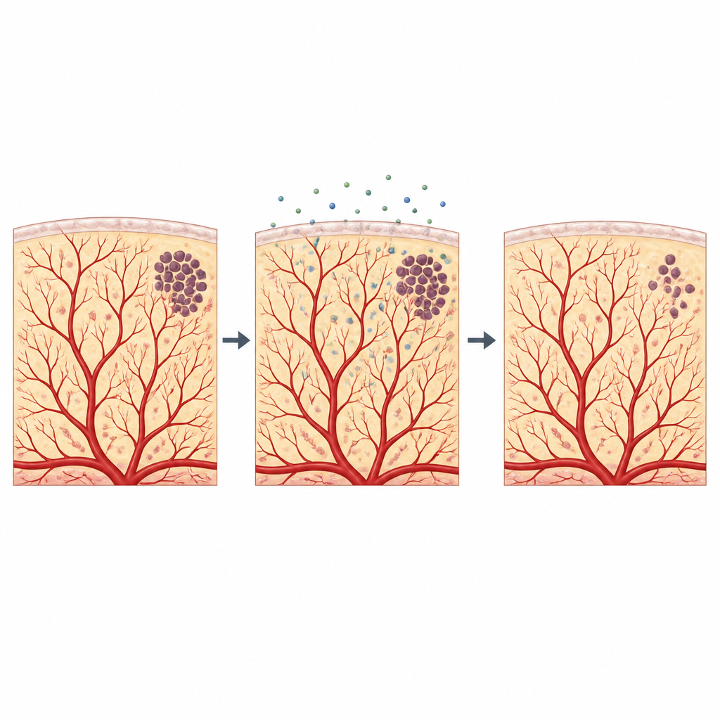 Figure 2. Zoom on embryo blood vessels showing that ketamine and its helper leave vessel growth unchanged while nearby cancer cells shrink.