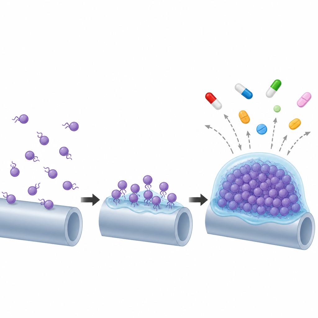 Figure 2. Come i batteri si attaccano a un dispositivo, costruiscono uno scudo viscido e impediscono agli antibiotici di raggiungerli.