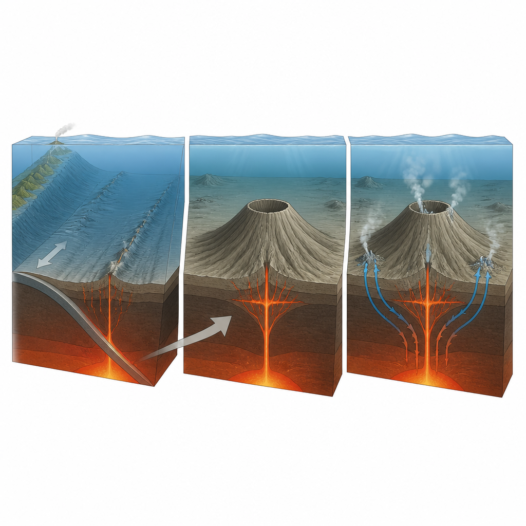 Figure 1. Come un vulcano sottomarino, le placche tettoniche e i fluidi caldi interagiscono per modellare una montagna sommersa.