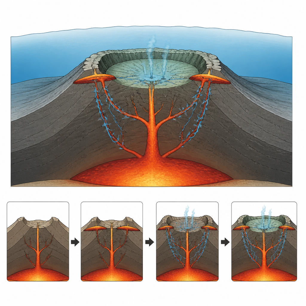 Figure 2. Visione passo passo delle intrusioni magmatiche e dei fluidi caldi guidati da faglie all’interno di un cratere sottomarino collassato.