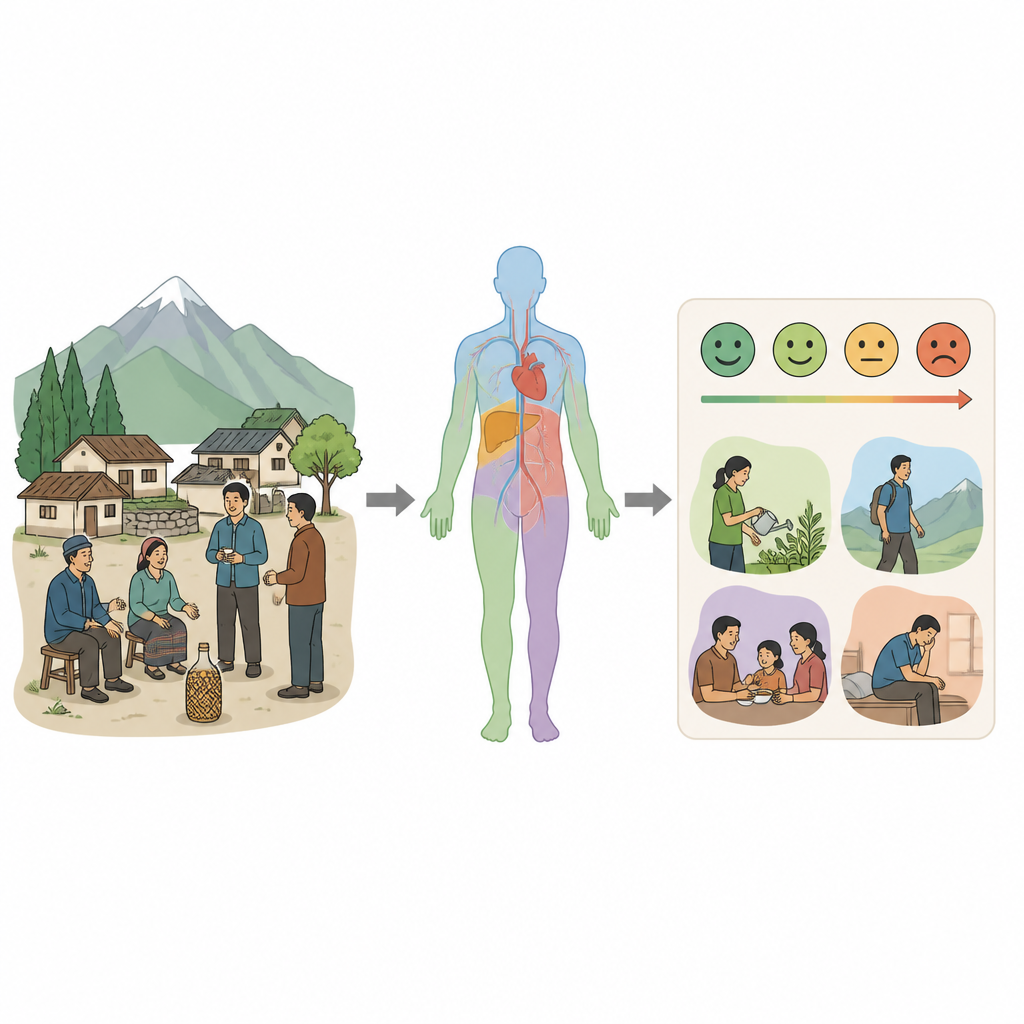 Figure 1. How village drinking habits connect to liver health and everyday life in a rural Thai community.