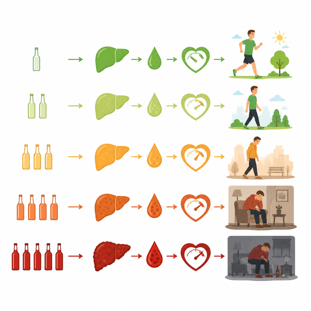 Figure 2. How rising alcohol intake leads stepwise to stressed organs and a drop in daily well-being.