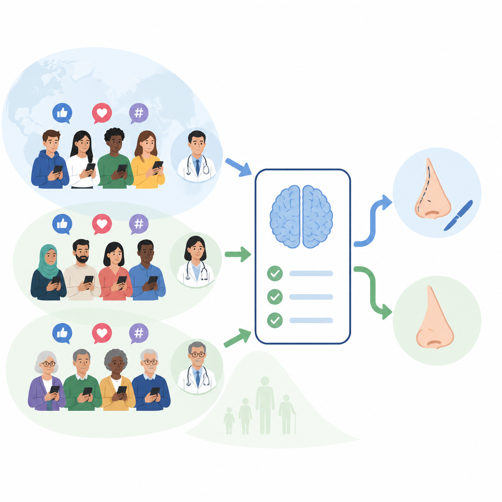 Figure 2. Come informazione, conoscenza, età e paese influenzano la probabilità che una persona si sottoponga effettivamente a un intervento al naso.