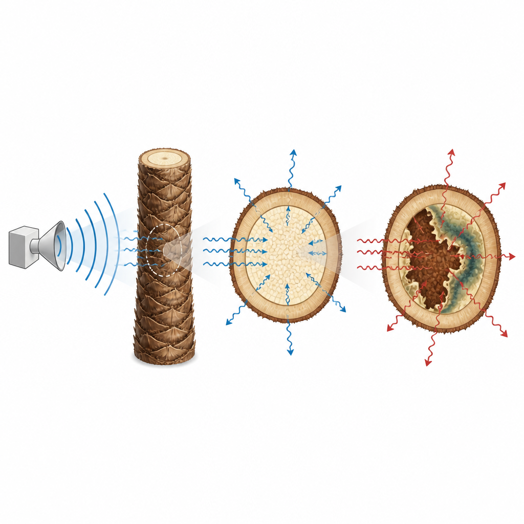 Figure 2. Fale mikrofalowe wchodzą w różny sposób w interakcję ze zdrowymi i uszkodzonymi pniami palm, ukazując kontrastujące wewnętrzne odpowiedzi w widoku krokowym.