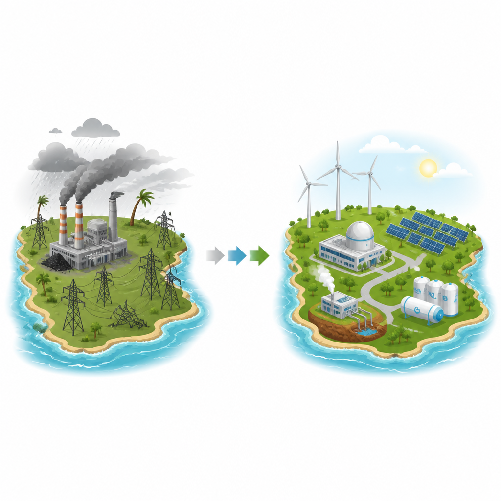 Figure 1. How Puerto Rico can shift from fragile fossil power to a cleaner, more resilient nuclear-renewable energy mix.