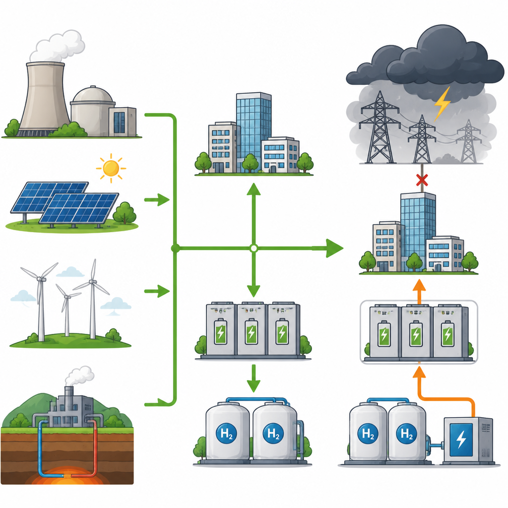 Figure 2. How nuclear, solar, wind, geothermal and hydrogen storage work together to keep island power running during long storms.