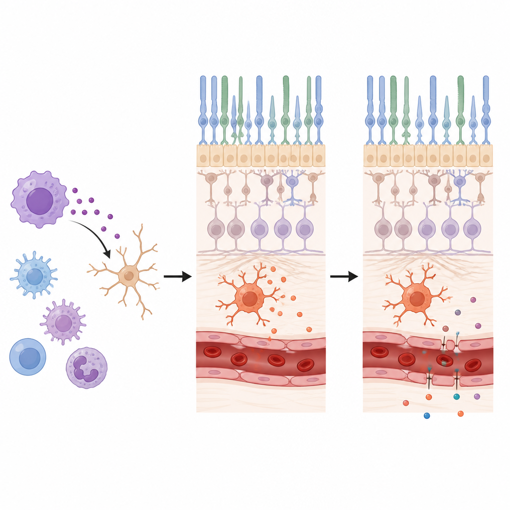 Figure 2. How a B cell growth signal activates retinal immune cells and makes tiny eye vessels become leaky in diabetes.
