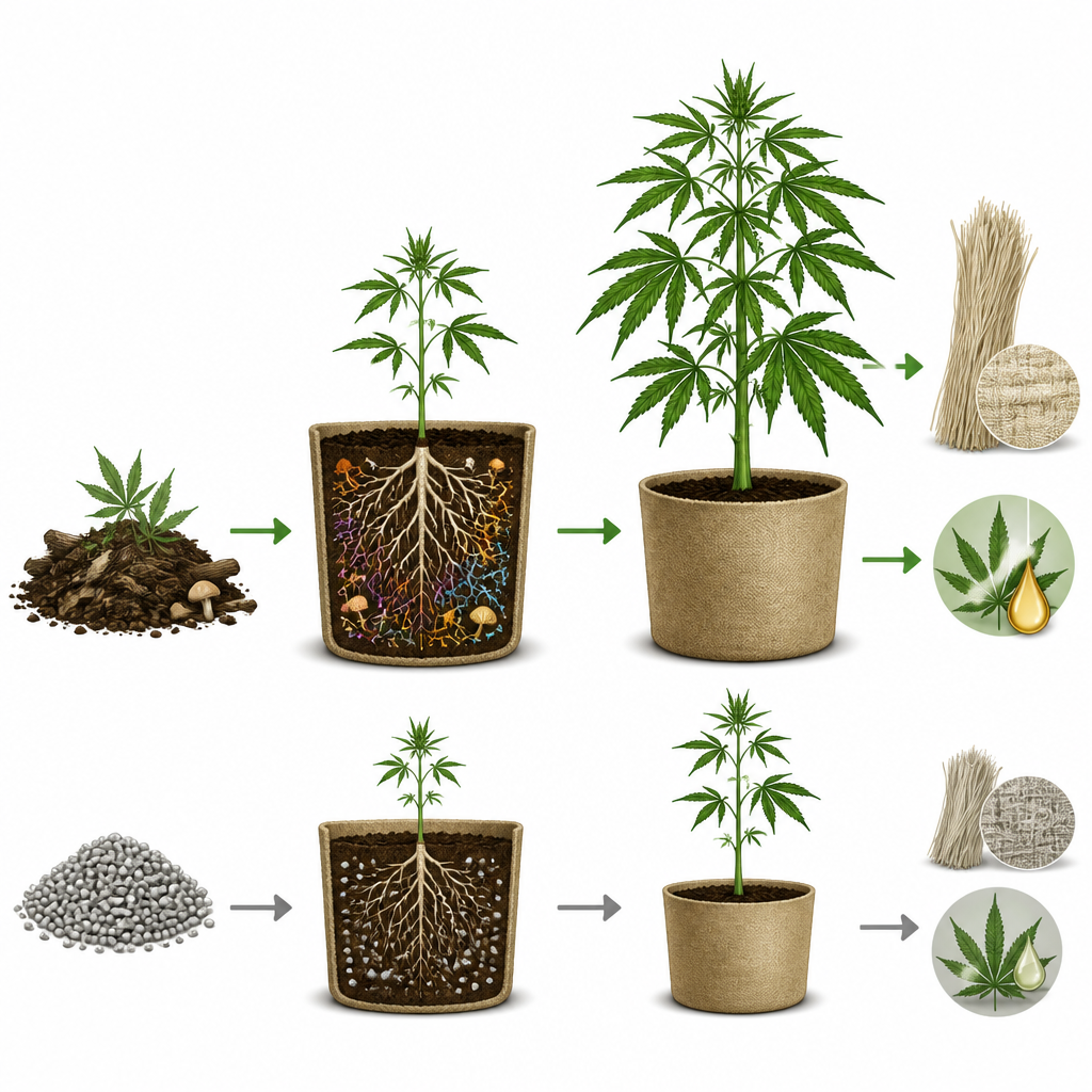Figure 1. الفطريات المفيدة في التربة وعلى الأوراق تدعم نمو القنب وجودة أليافه دون استخدام مكثف للأسمدة الصناعية.