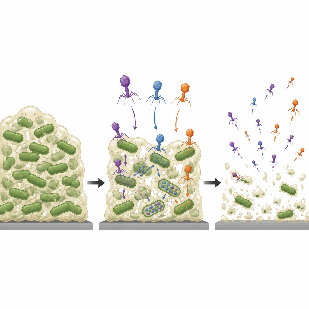 Figure 2. Stufenweise Auflösung eines dichten bakteriellen Biofilms durch einen gemeinsam angreifenden Drei-Phagen-Cocktail.