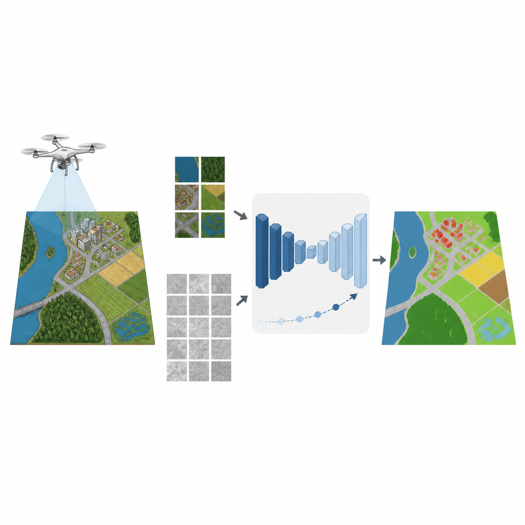 Figure 1. Cómo los drones convierten unas pocas fotos etiquetadas en mapas de cobertura del suelo precisos mediante pasos de aprendizaje inteligentes.