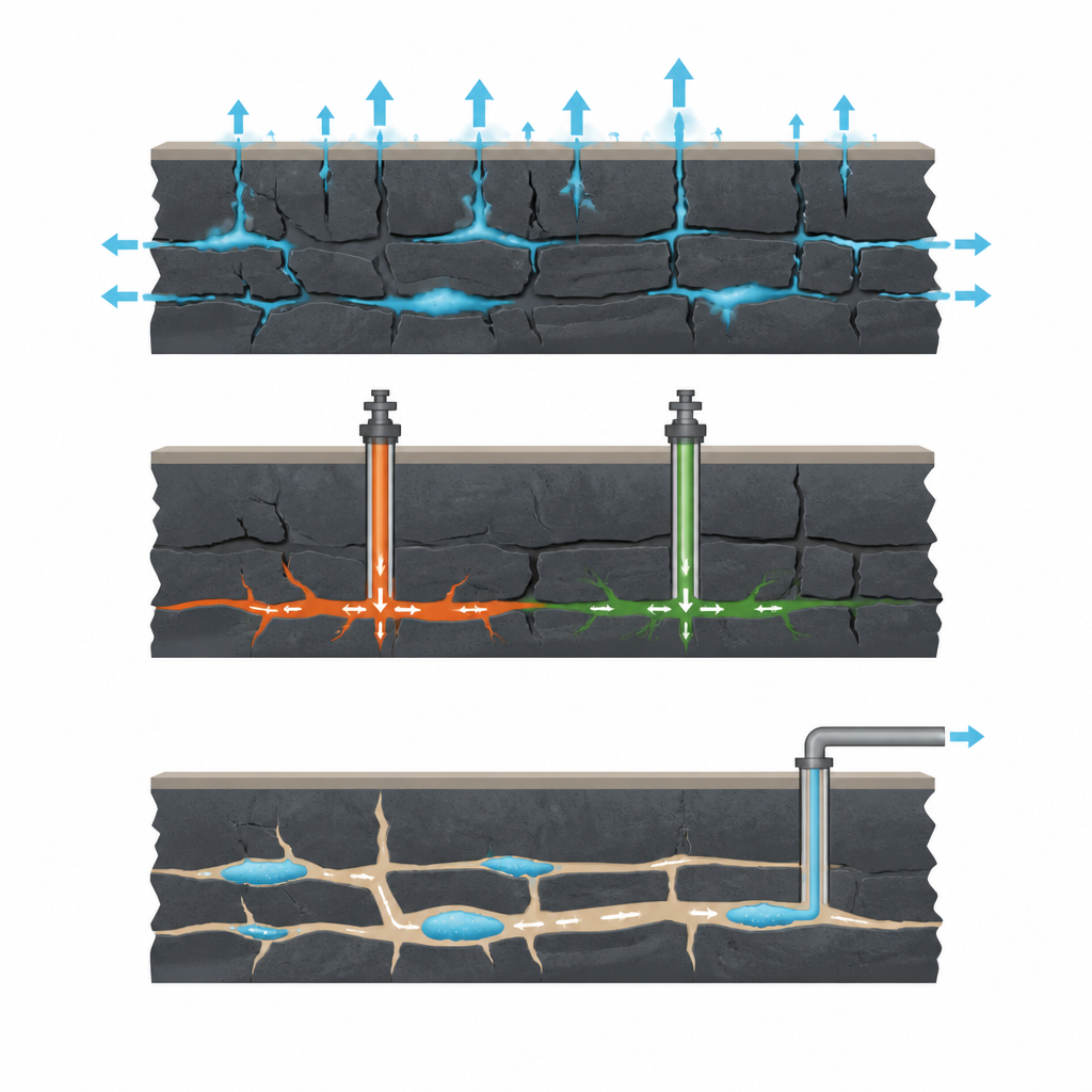 Figure 1. Çatlaklı kömür kayasına enjekte edilen sızdırmazlık sıvılarının metanı nasıl tutmaya yardımcı olduğu ve gaz kaçış yollarını nasıl azalttığı.