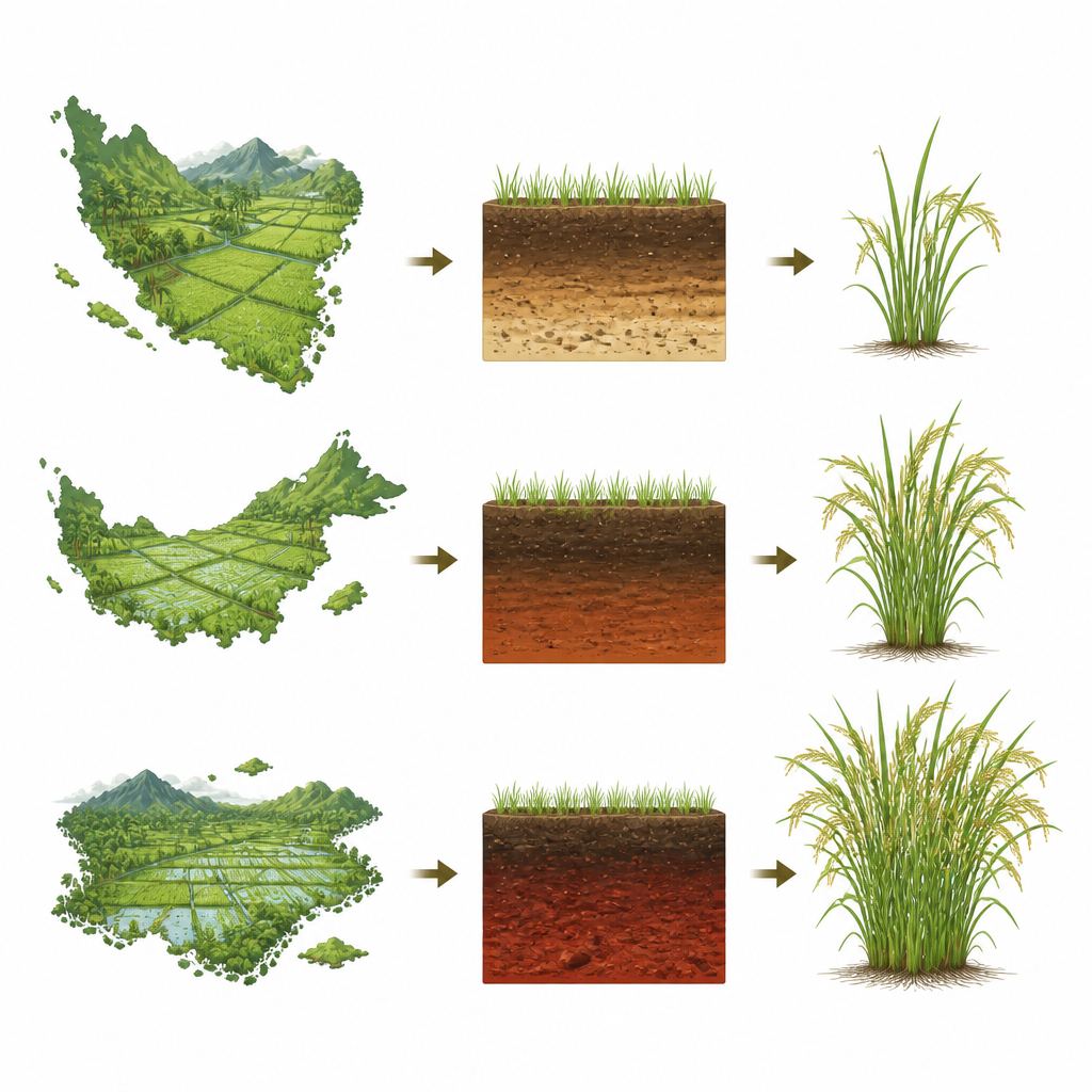 Figure 1. Diversi campi di riso malesi con suoli che conducono a raccolti poveri o abbondanti.