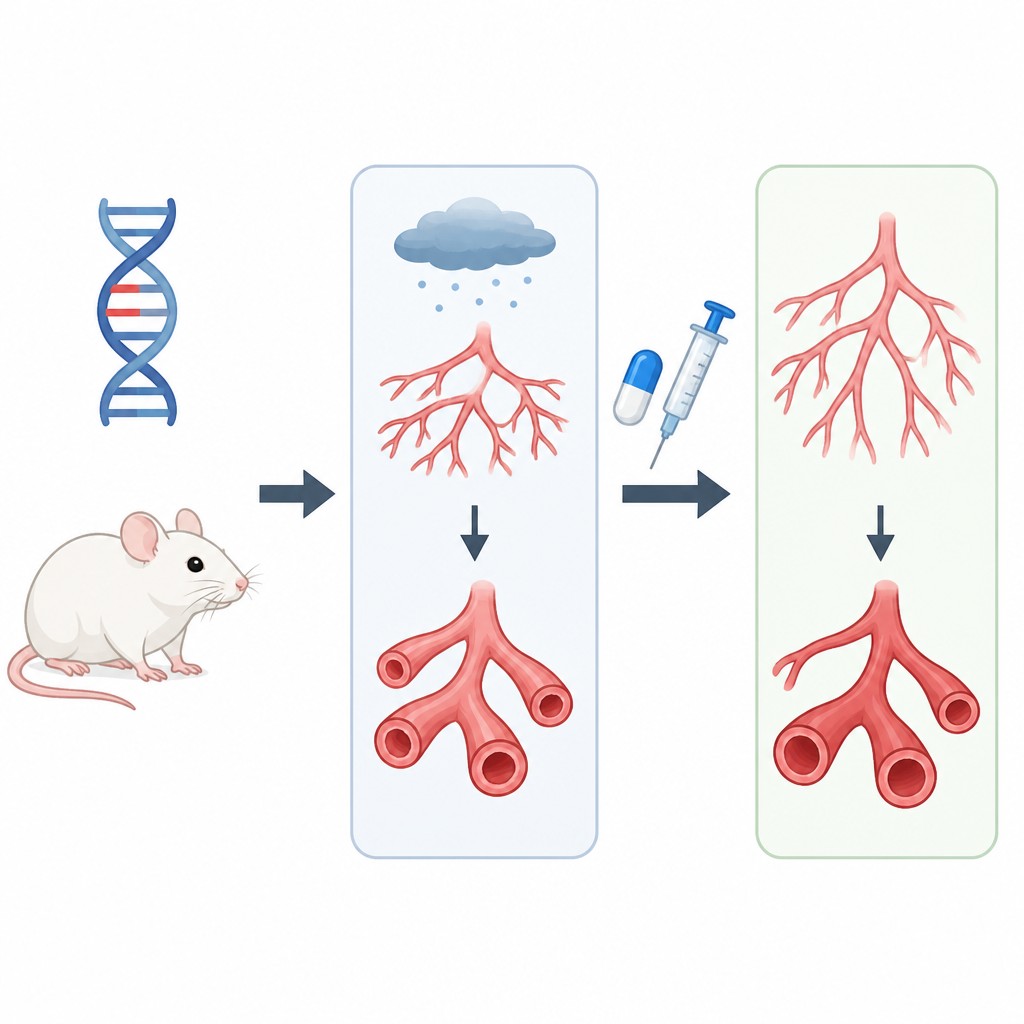 Figure 1. Jak jedna zmiana w DNA i niski poziom tlenu wspólnie obciążają naczynia płucne u myszy