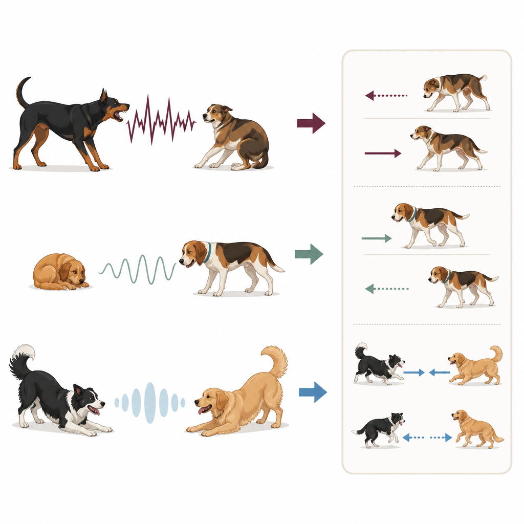 Figure 1. كيف تؤدي نداءات كلاب مختلفة إلى الاقتراب أو التراجع في مواقف اجتماعية يومية.