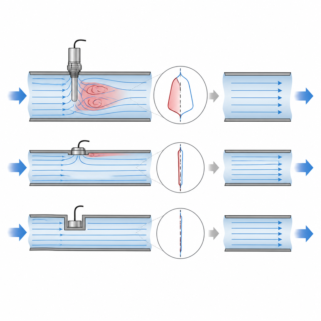 Figure 1. Come differenti posizionamenti dei sensori in una condotta di gas distorcono il flusso e come le correzioni ripristinano una lettura complessiva accurata.