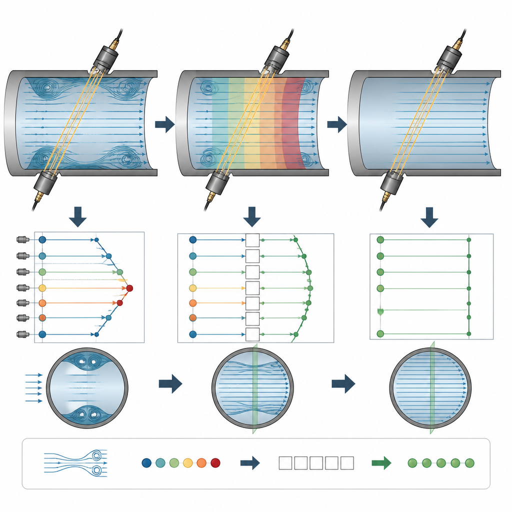 Figure 2. Wie wirbelnde Gase in der Nähe tangentisch montierter Ultraschallsensoren schrittweise korrigiert werden, um der ungestörten Rohrströmung zu entsprechen.