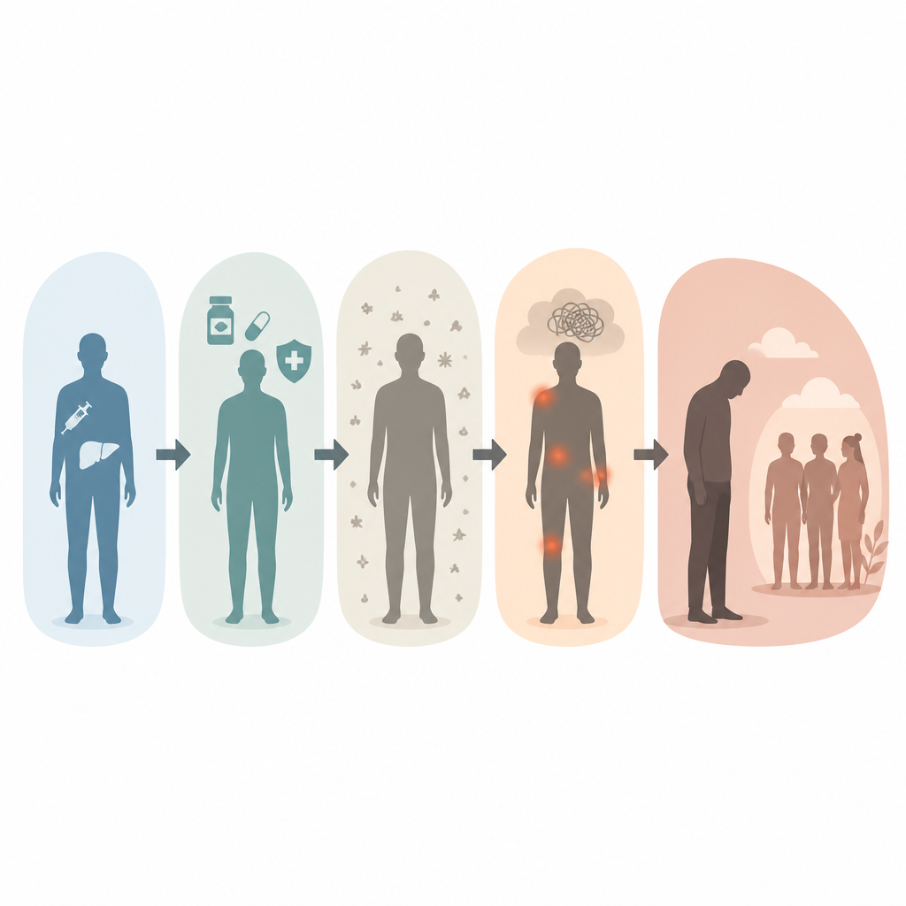 Figure 2. Il percorso dall’uso di droghe e dall’infezione attraverso dolore e disagio verso una valutazione di qualità della vita più bassa tra i pazienti trattati.